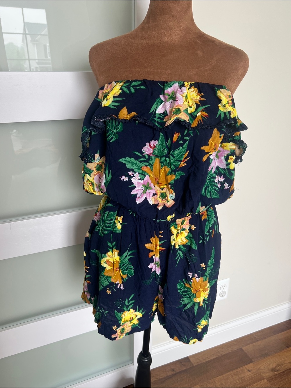 Navy Floral Off-Shoulder Romper with Yellow & Pink Blooms